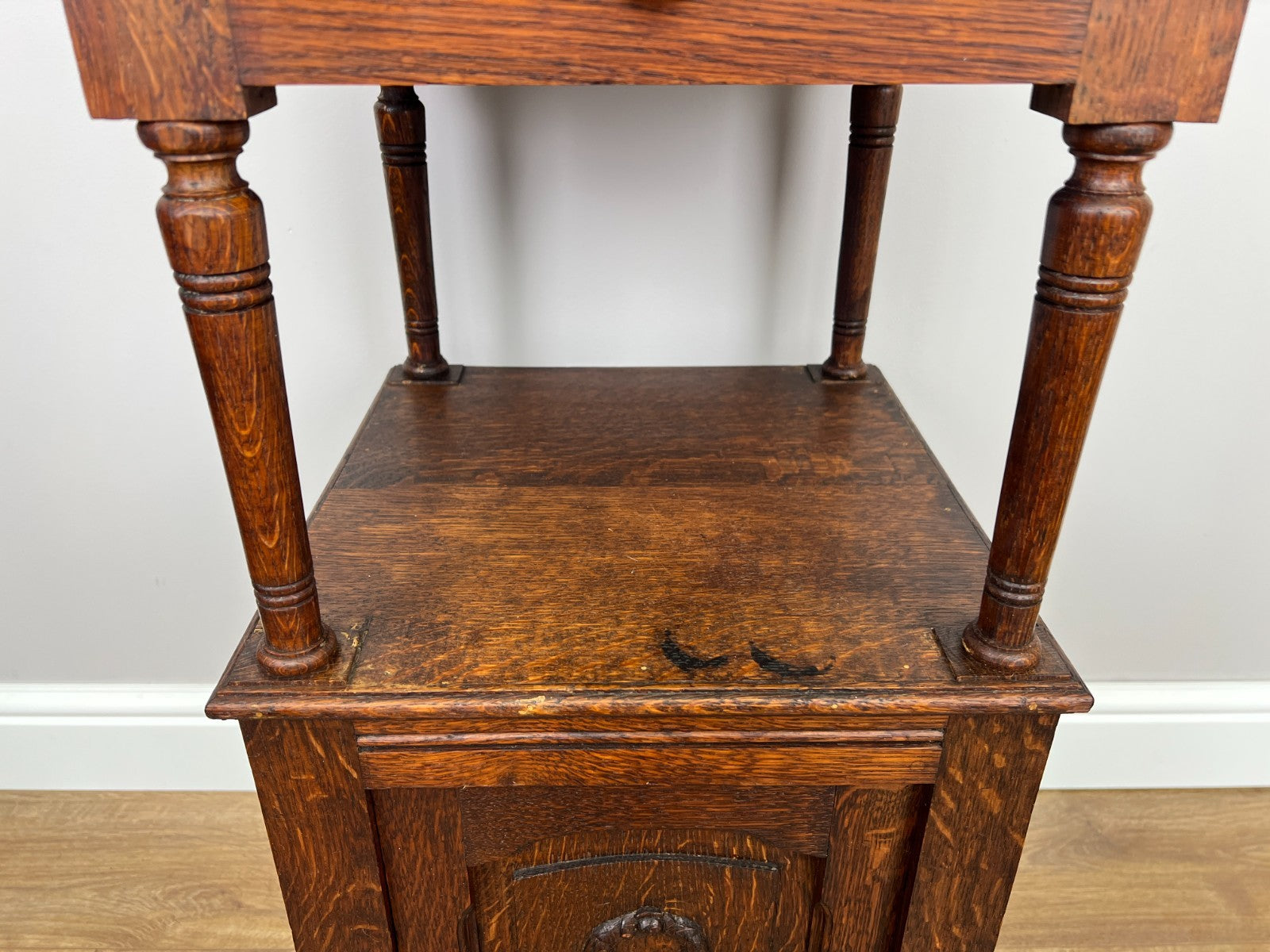 Pair of Bedside Tables Antique French Marble Top Carved Oak Cabinets LOT 49186