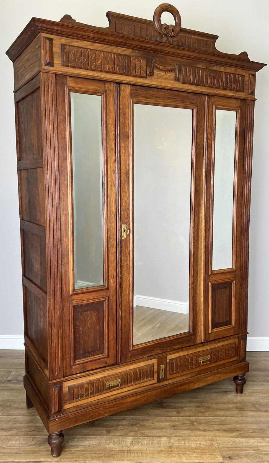 Wardrobe Antique French Two Door Oak Mirrored Carved Armoire Cabinet LOT 60820