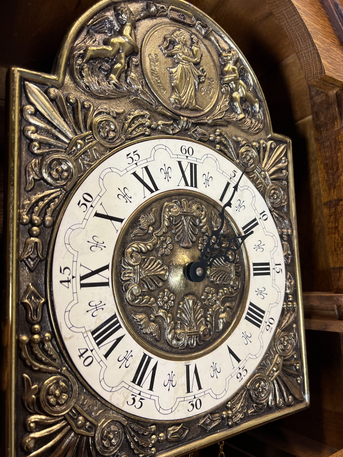 Clock Vintage French Louis Oak Longcase Grandfather Brass Dial Weights LOT 447010