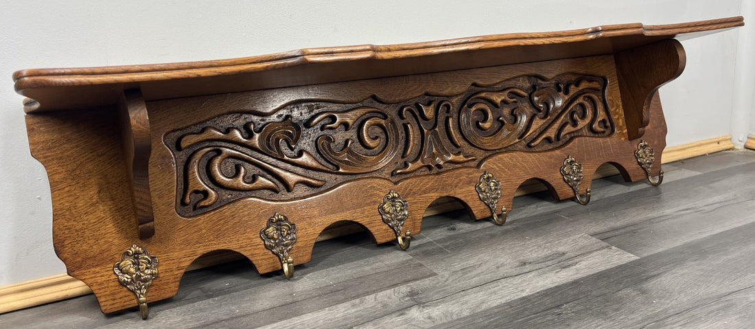 French Vintage Style Coat Rack Oak 6 Hooks Ornate Wall Shelf Coat LOT 47280