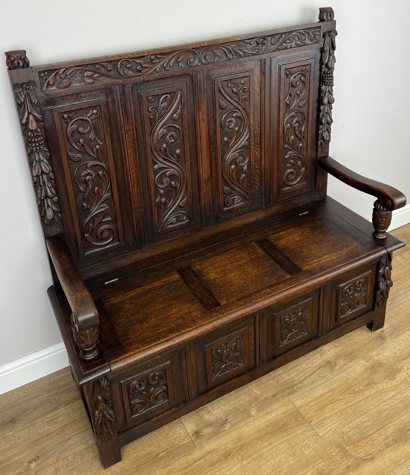 Monks Bench Antique French Style Oak Storage Hall Seat Coffee Bench LOT 62983