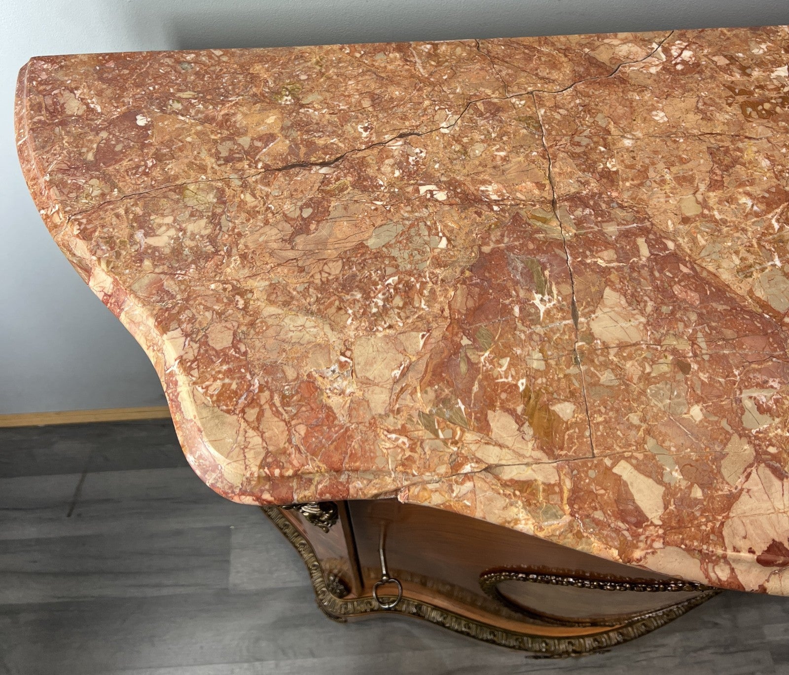 Cabinet Vintage French Marble Top Inlaid Sideboard with Brass Ormolu LOT 433114