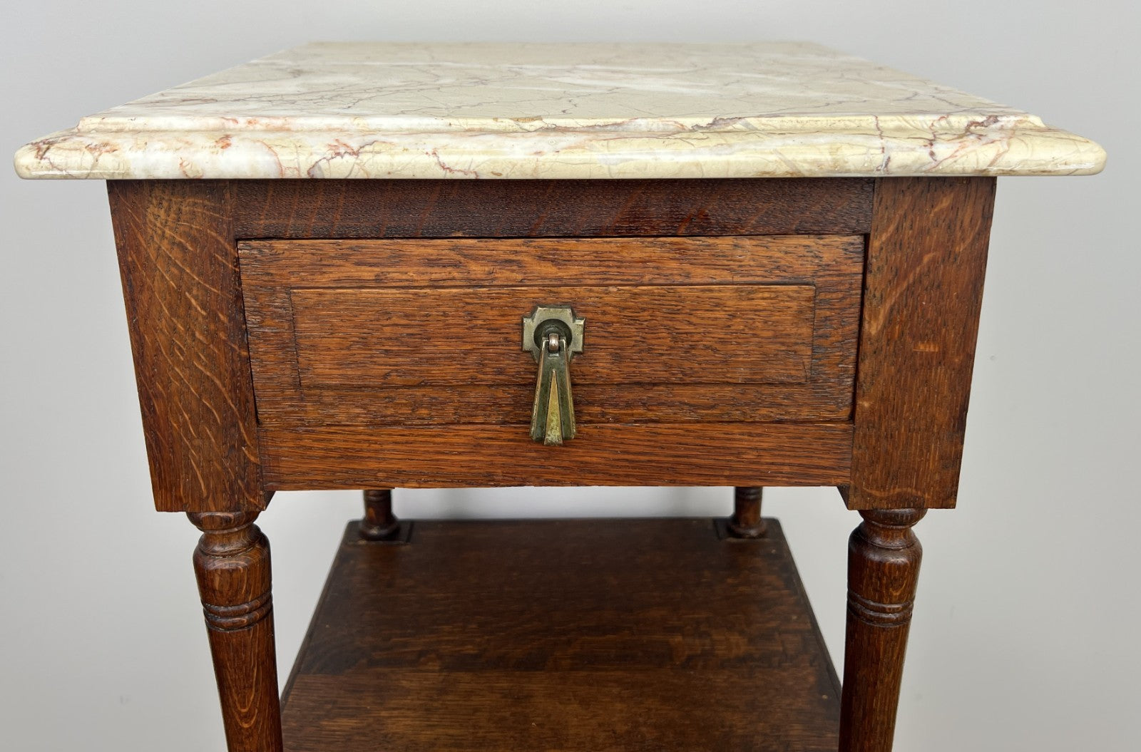 Pair of Bedside Tables Antique French Marble Top Carved Oak Cabinets LOT 49185