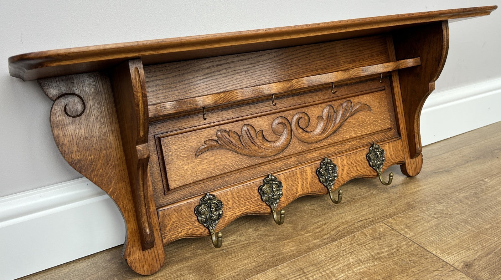French Vintage Coat Rack Oak 4 Hooks Wall Shelf Carved Coat Hanger LOT 49070