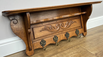 French Vintage Coat Rack Oak 4 Hooks Wall Shelf Carved Coat Hanger LOT 49070