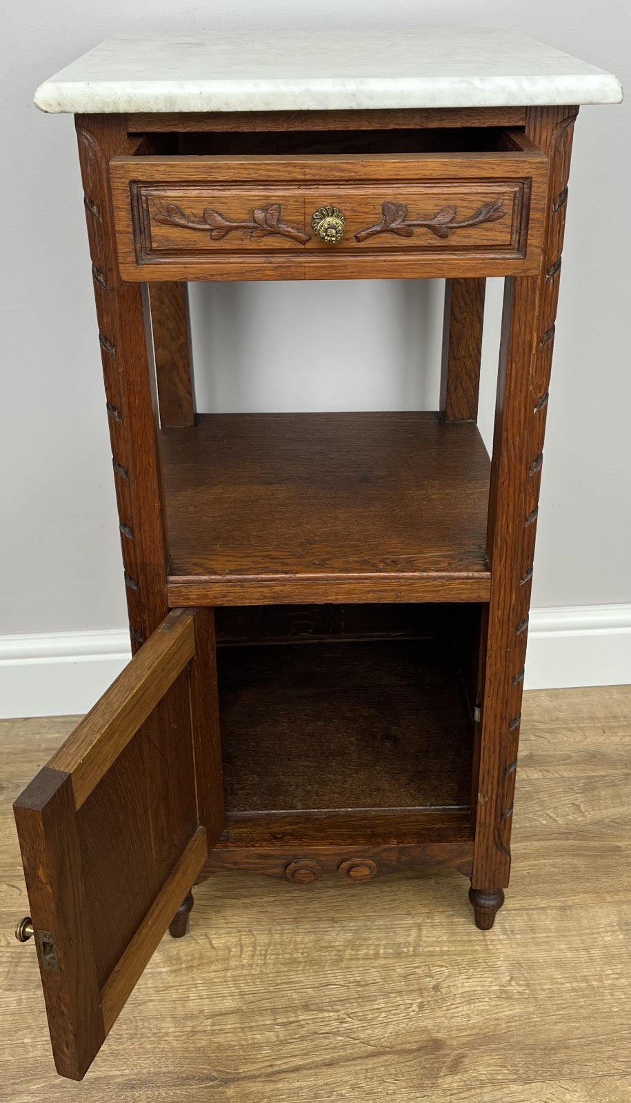 Bedside Table Antique French Style Marble Top Oak Cabinet Nightstand LOT 62404