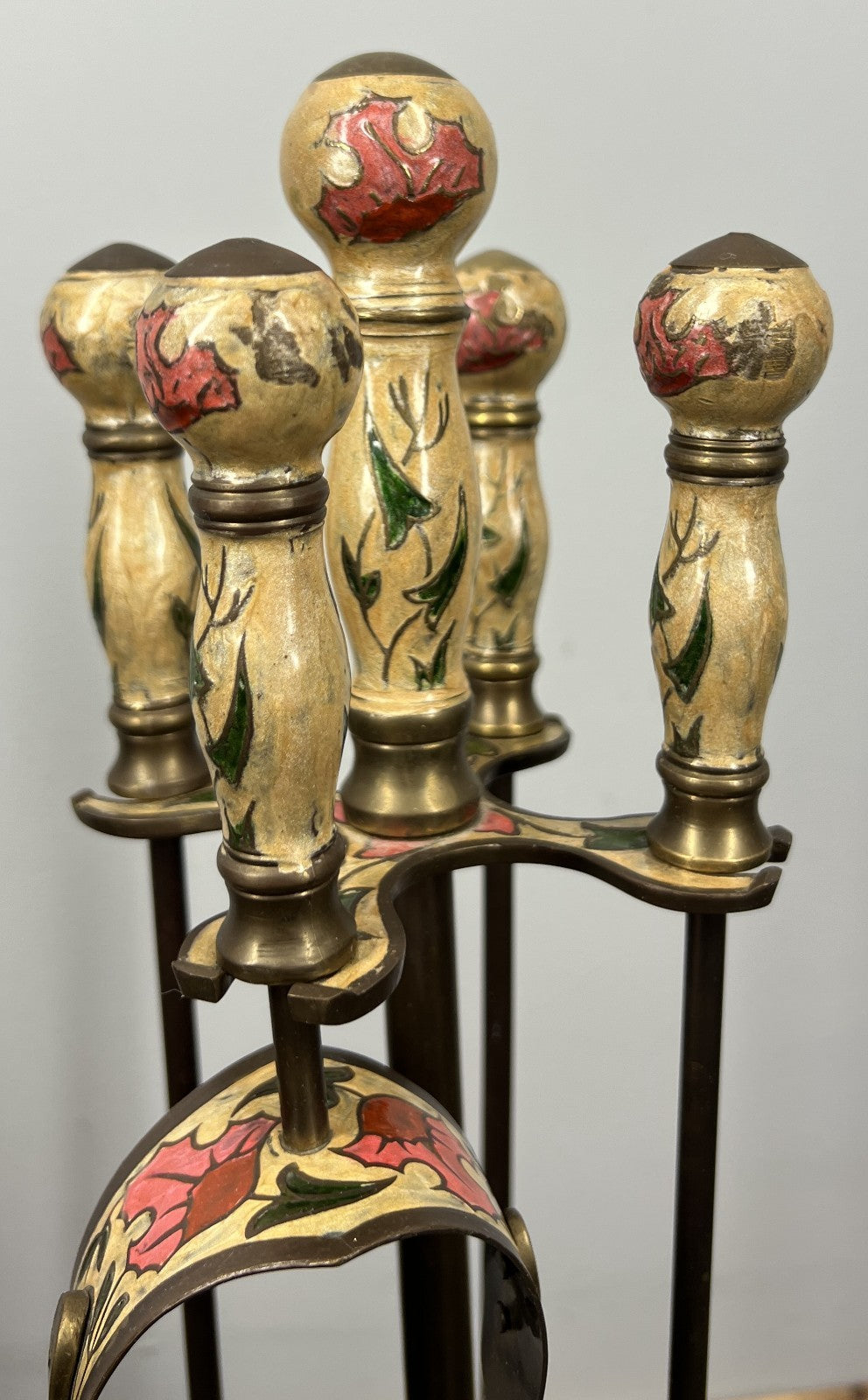 Fireplace Set Vintage French Hand Painted 5-Piece Brass Tool Stand LOT 44162