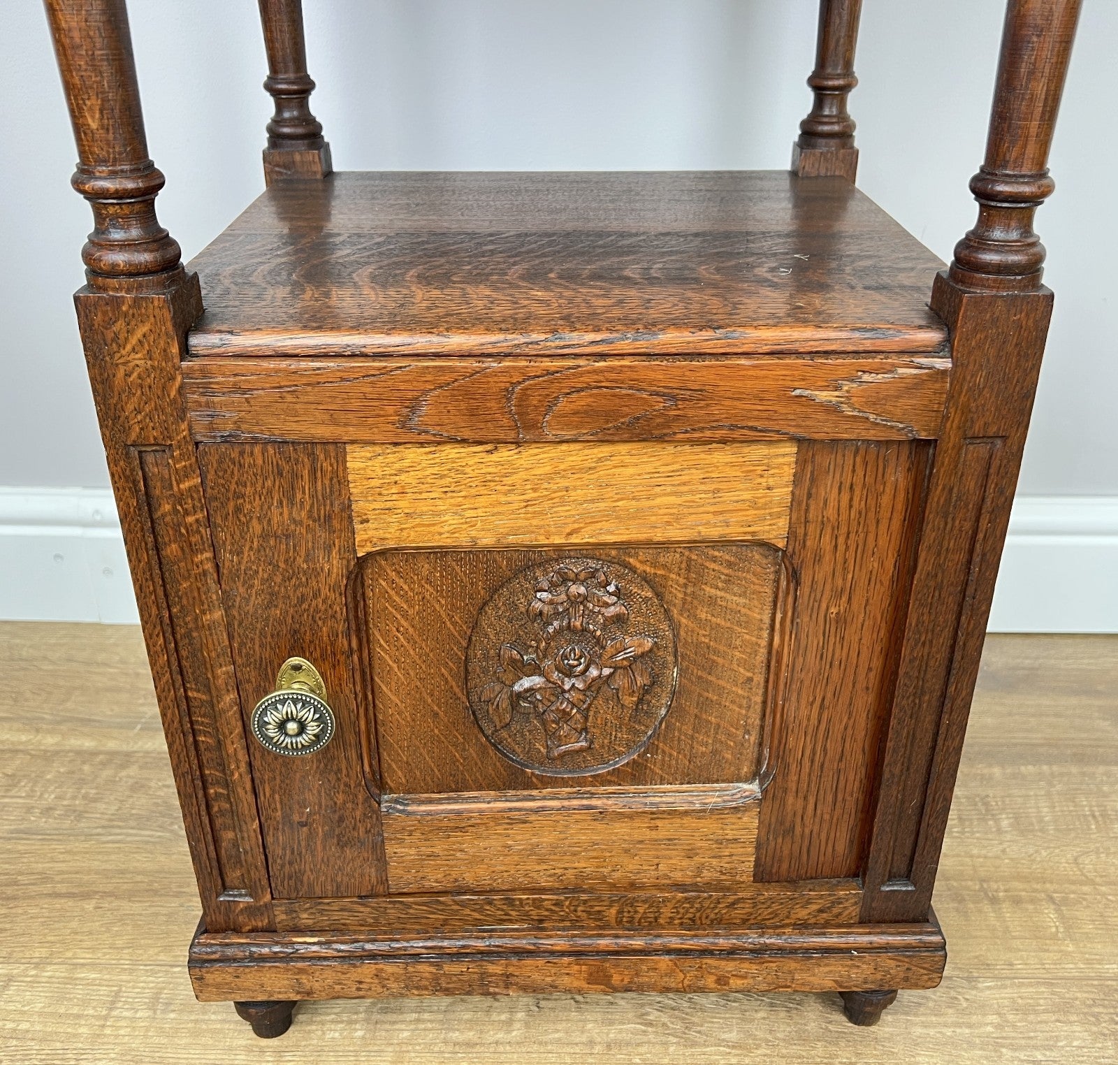 Pair of Bedside Tables Antique French Marble Top Carved Oak Cabinets LOT 49165