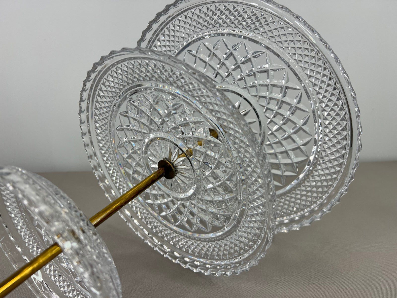 Cake Stand Vintage French Crystal Three Tier Serving Stand Brass Handle LOT 36007