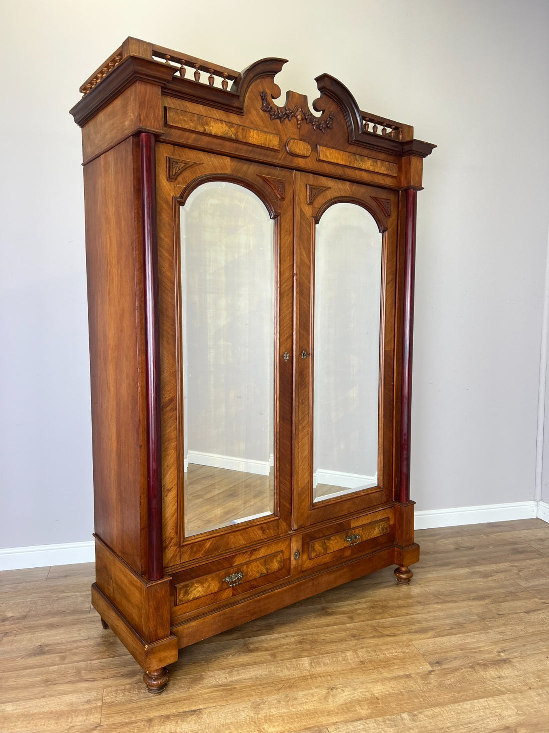 Wardrobe Antique French Style Walnut Mirrored Two Door Carved Armoire LOT 6520