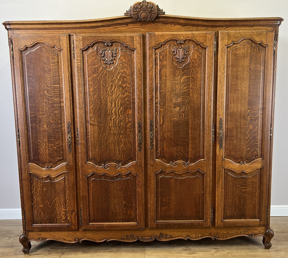 Wardrobe Vintage French Louis XVI Style Oak Four Door Carved Armoire LOT 48270