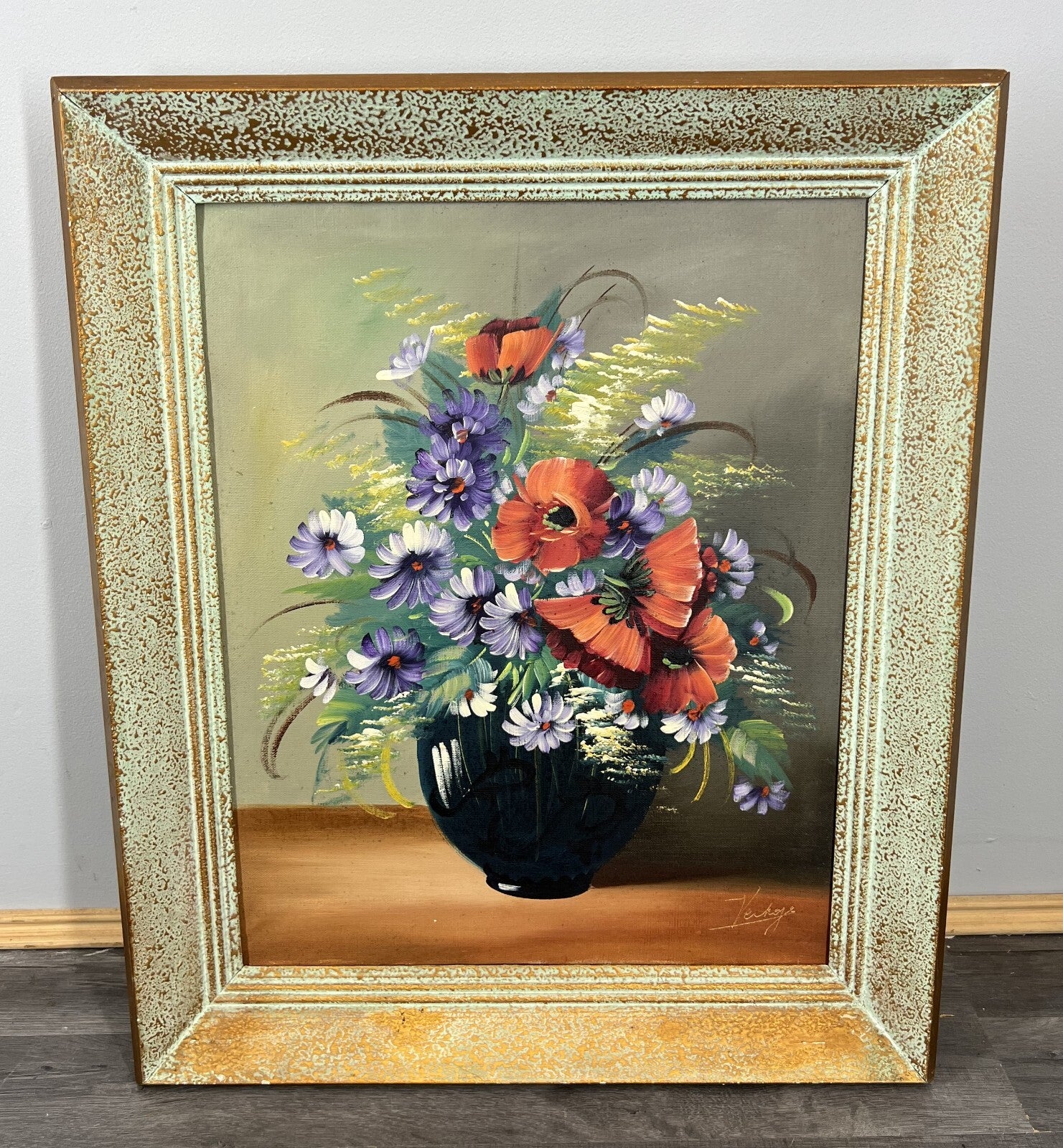 Painting Vintage French Floral Vase Red Purple Flower Signed Framed LOT 38780