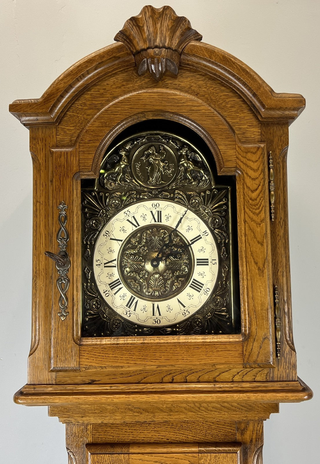Clock Vintage French Louis Oak Longcase Grandfather Brass Dial Weights LOT 44702