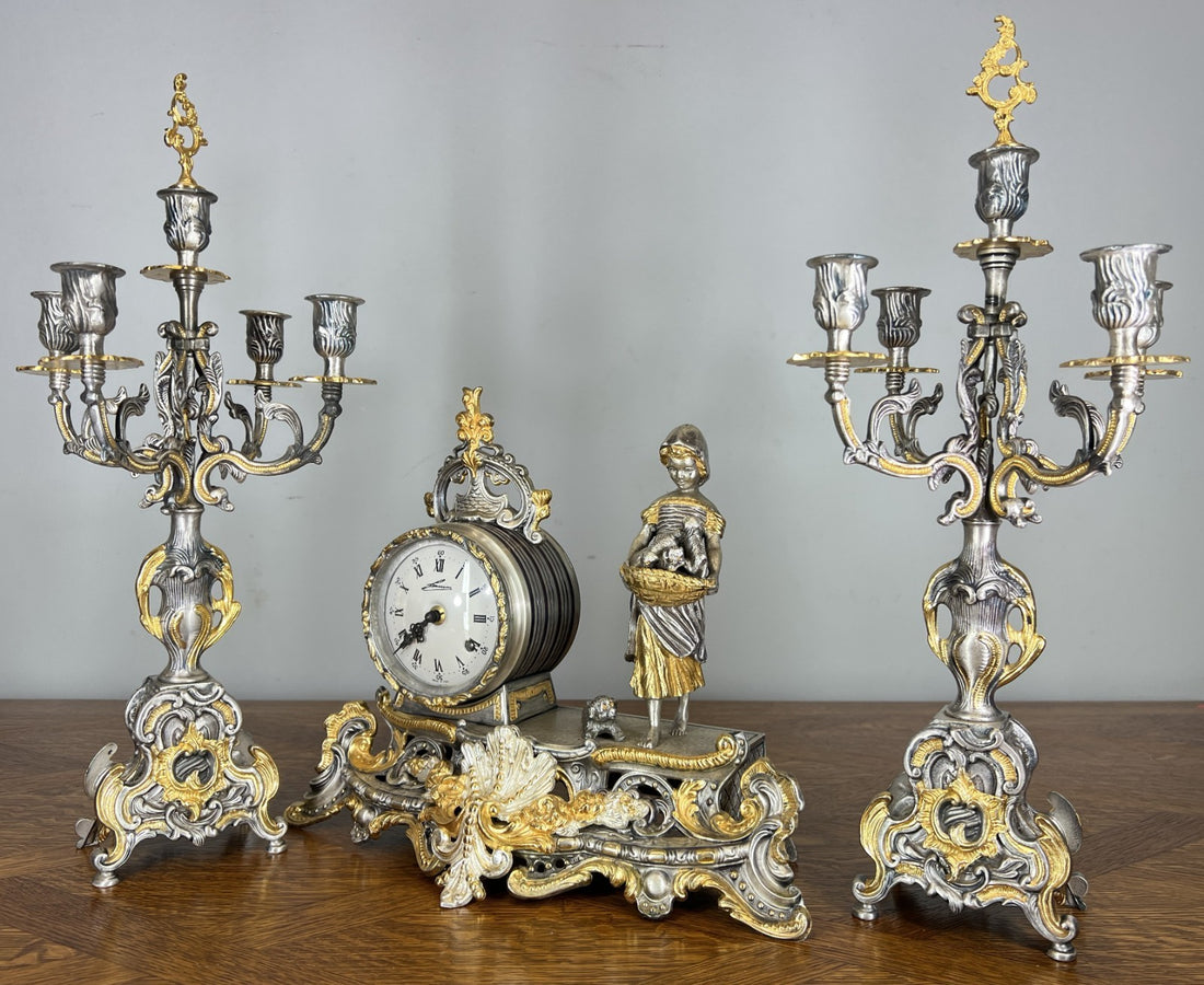 Lancini Imperial Ormolu Gilt Brass Mantle Clock with Candelabras  LOT 46410