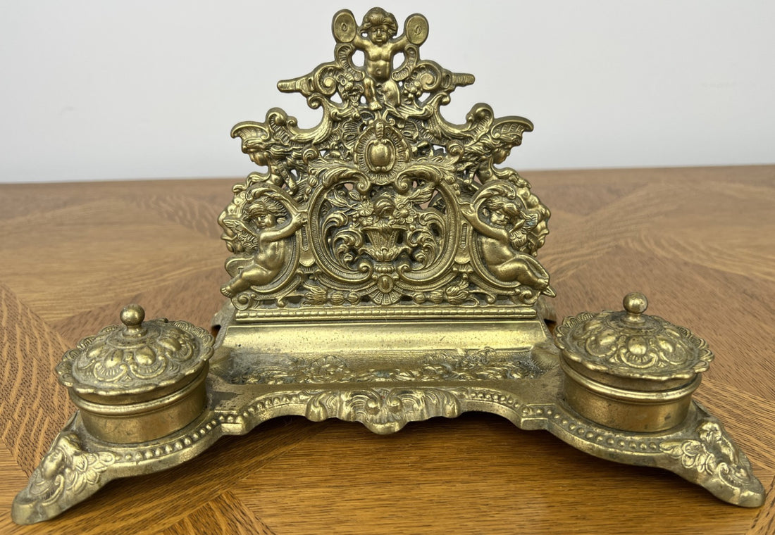 Inkwell Set Vintage Style Brass Cherub Desk Stand Decorative Inkstand LOT 60420