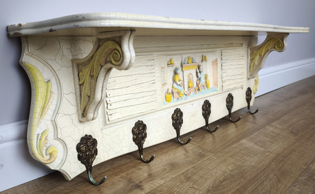 Vintage Shabby Chic Coat Rack 6 Hooks Wall Shelf Carved Coat Hanger LOT 49960