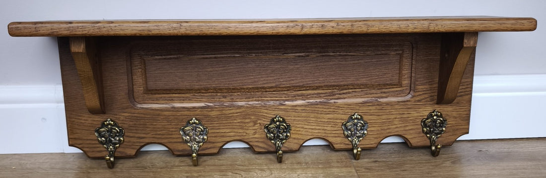French Vintage Coat Rack Oak 5 Hooks Wall Shelf Carved Coat Hanger LOT 49940
