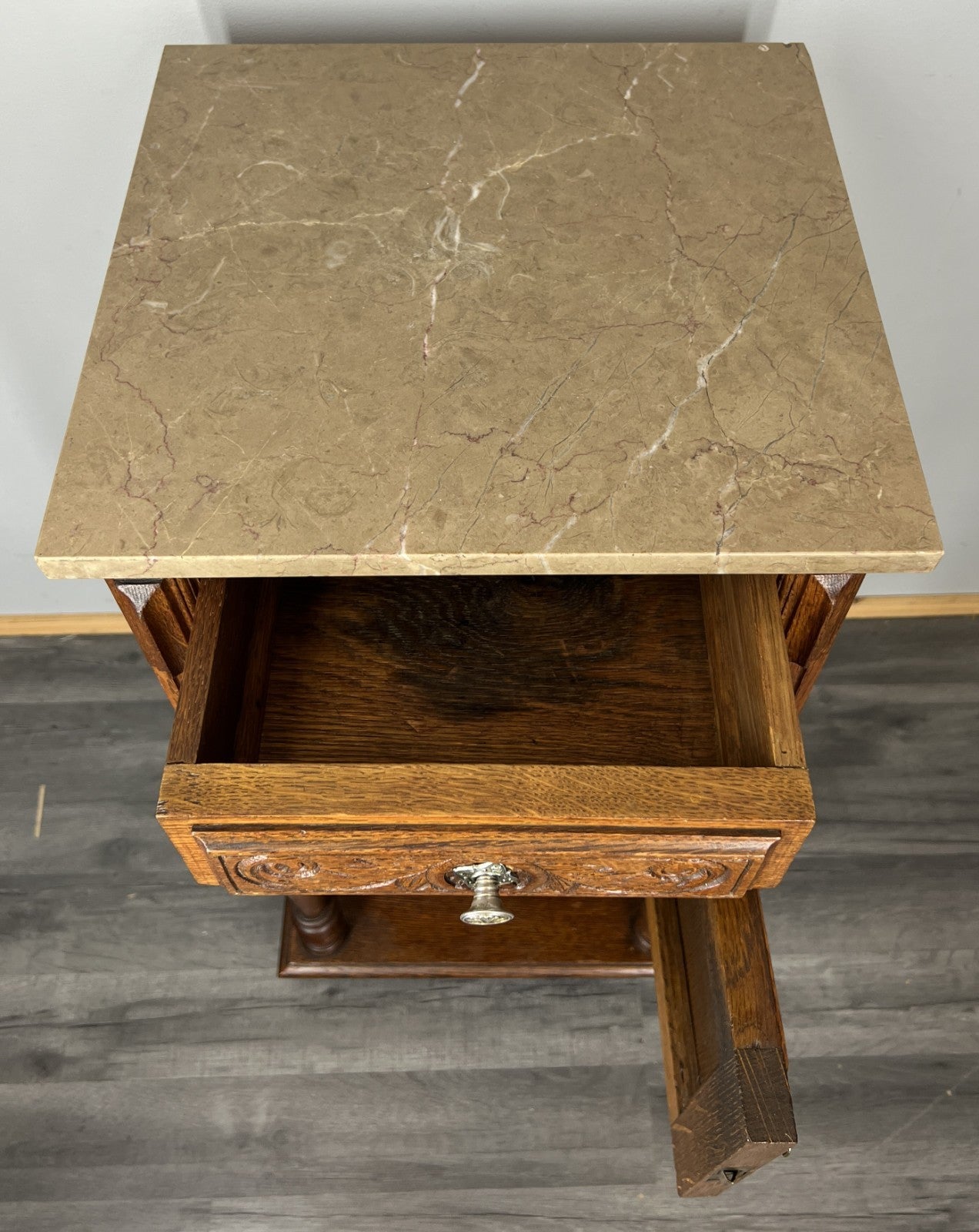 Bedside Table Antique French Oak with Marble Top Carved Cabinet LOT 433310