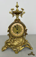 Clock Antique French Style Brass Ornate Mantel Clock with Key LOT 6473