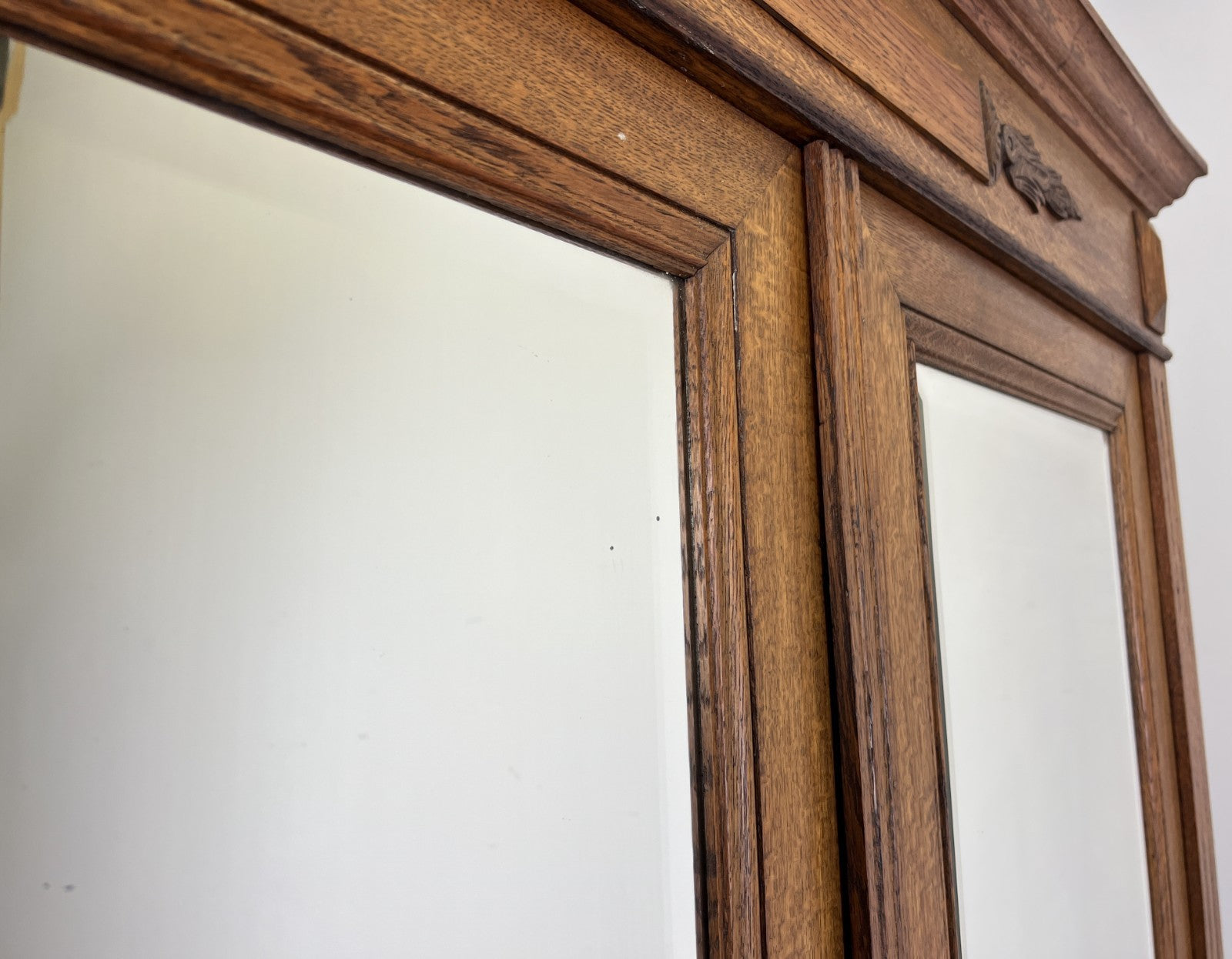 Wardrobe Antique French Style Oak Two Door Carved Mirrored Armoire LOT 616215