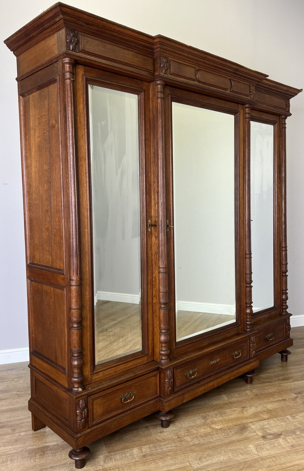 Wardrobe Antique French Style Oak Three Door Carved Mirrored Armoire LOT 62310