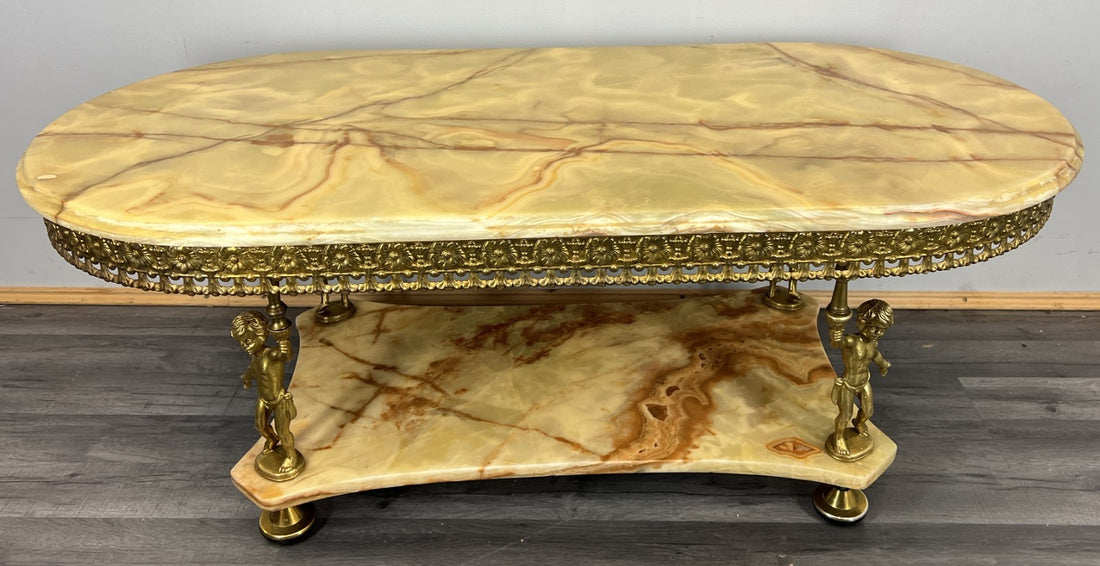 Coffee Table Vintage French Onyx Brass Figural Ornate Marble Top Table LOT 46970