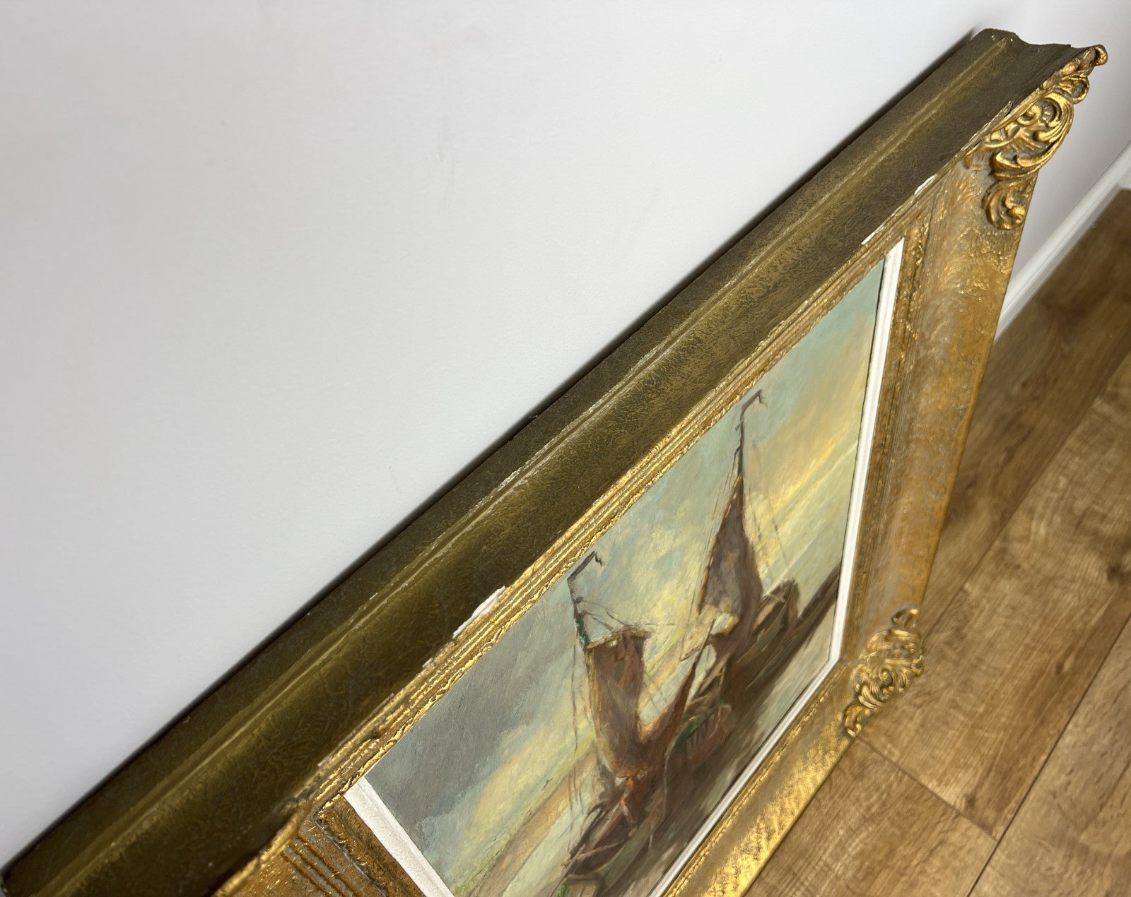 Oil Painting Vintage French Style Signed Coastal Boats Artwork Framed LOT 494212
