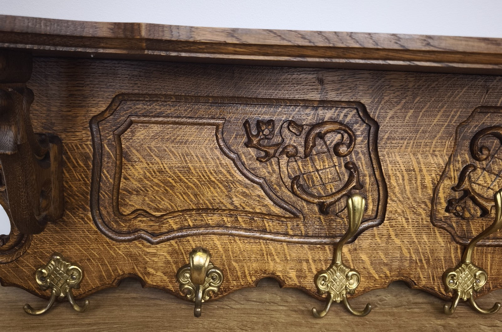 French Vintage Coat Rack Oak 6 Hooks Wall Shelf Carved Coat Hanger LOT 60003