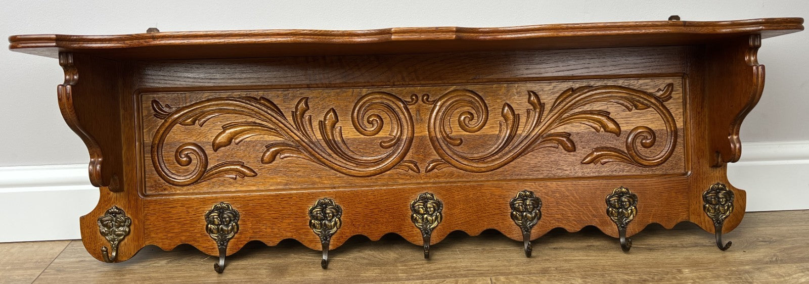 French Vintage Coat Rack Oak 7 Hooks Wall Shelf Carved Coat Hanger LOT 490312