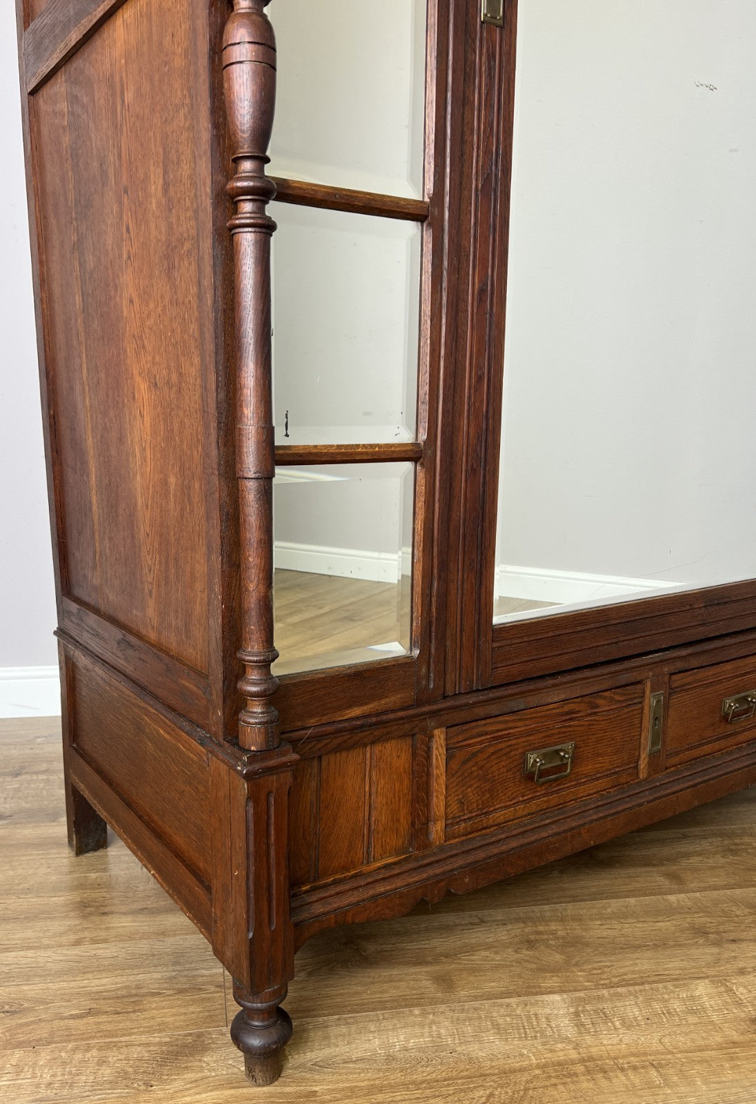 Wardrobe Antique French Style Oak Mirrored Two Drawers Carved Armoire LOT 6541