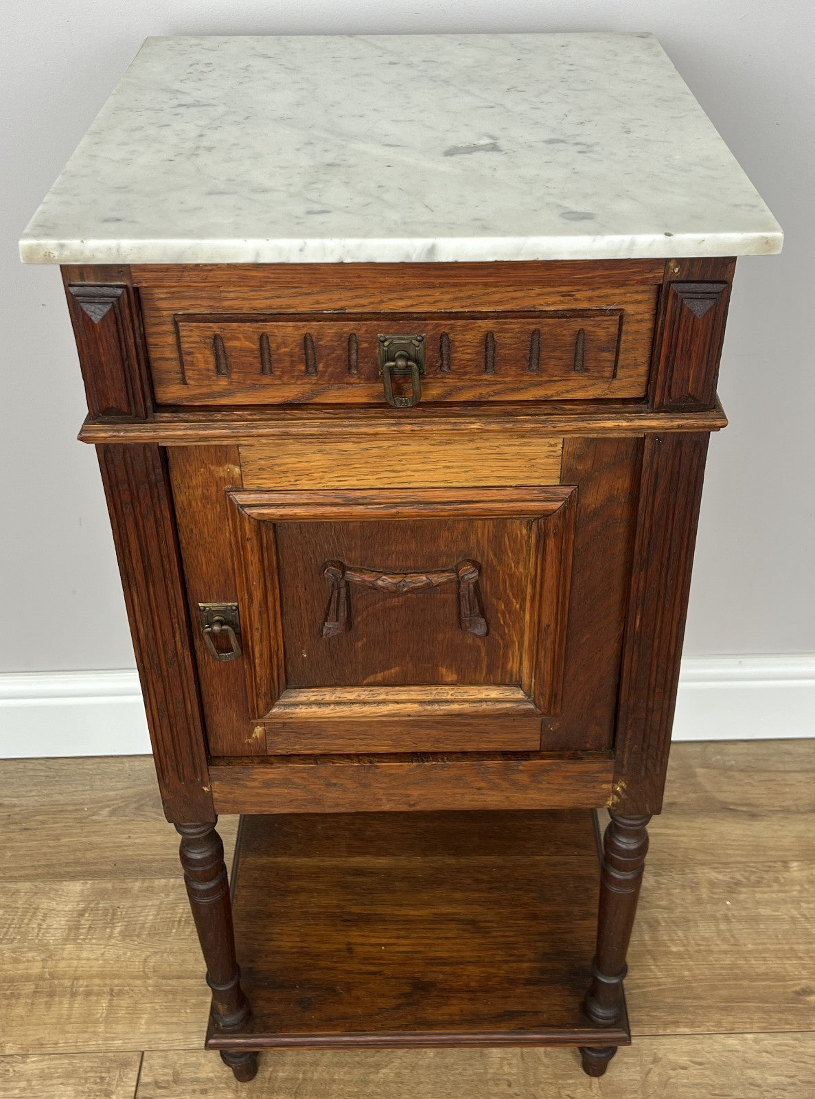 Bedside Table Antique French Oak Marble Top Cupboard Carved Cabinet LOT 60133