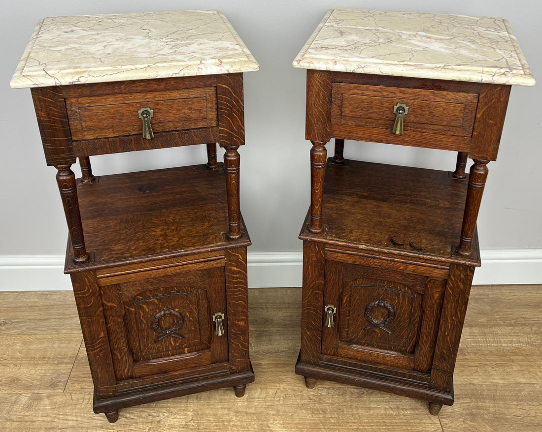 Pair of Bedside Tables Antique French Marble Top Carved Oak Cabinets LOT 49180