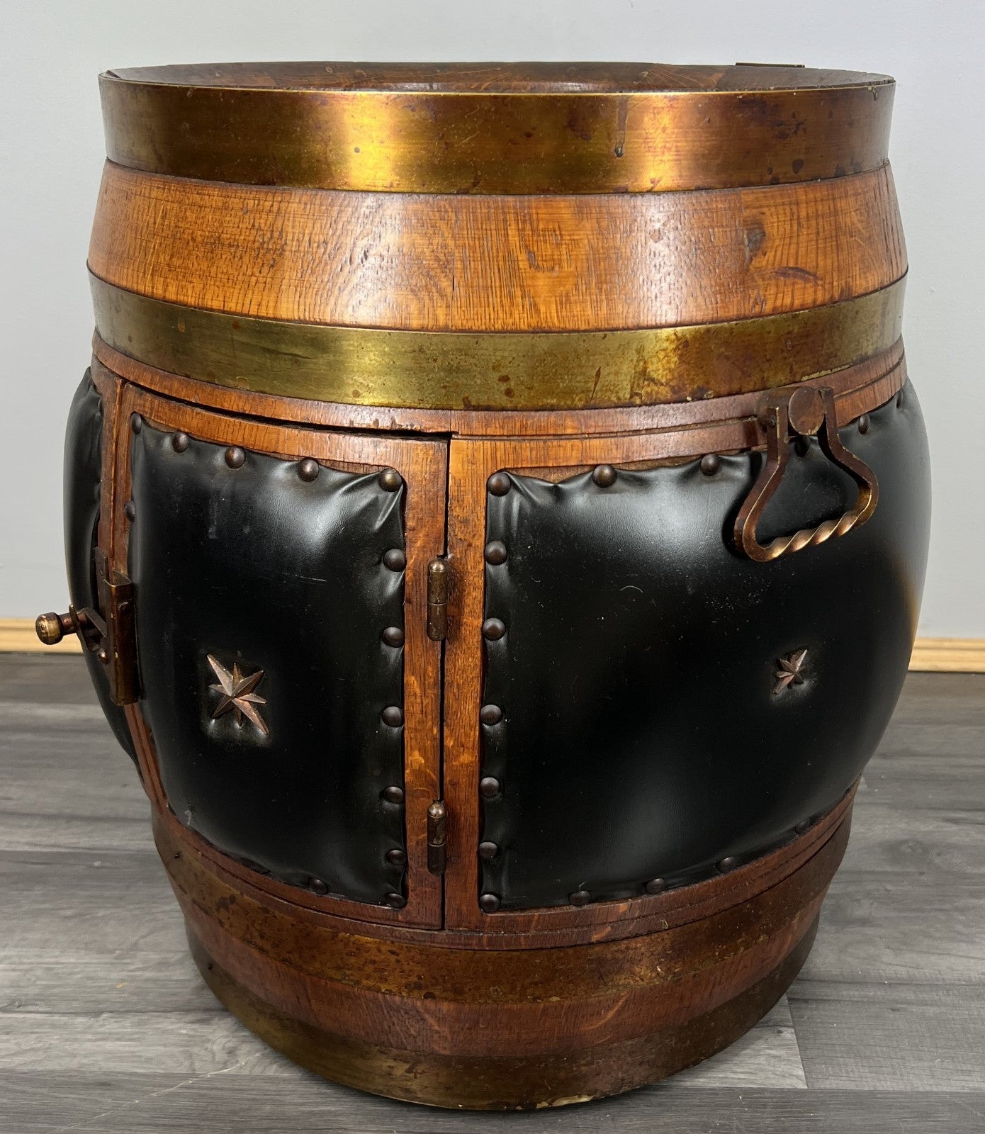 Drink Cabinet Vintage French Style Oak Brass Trim Barrel Carved Storage LOT 39002