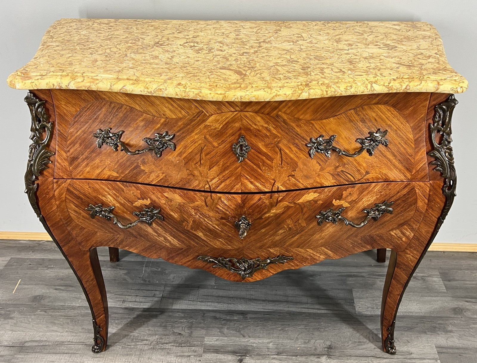 Chest of Drawers Antique French Bombe Walnut Marble Top Carved Cabinet LOT 47069