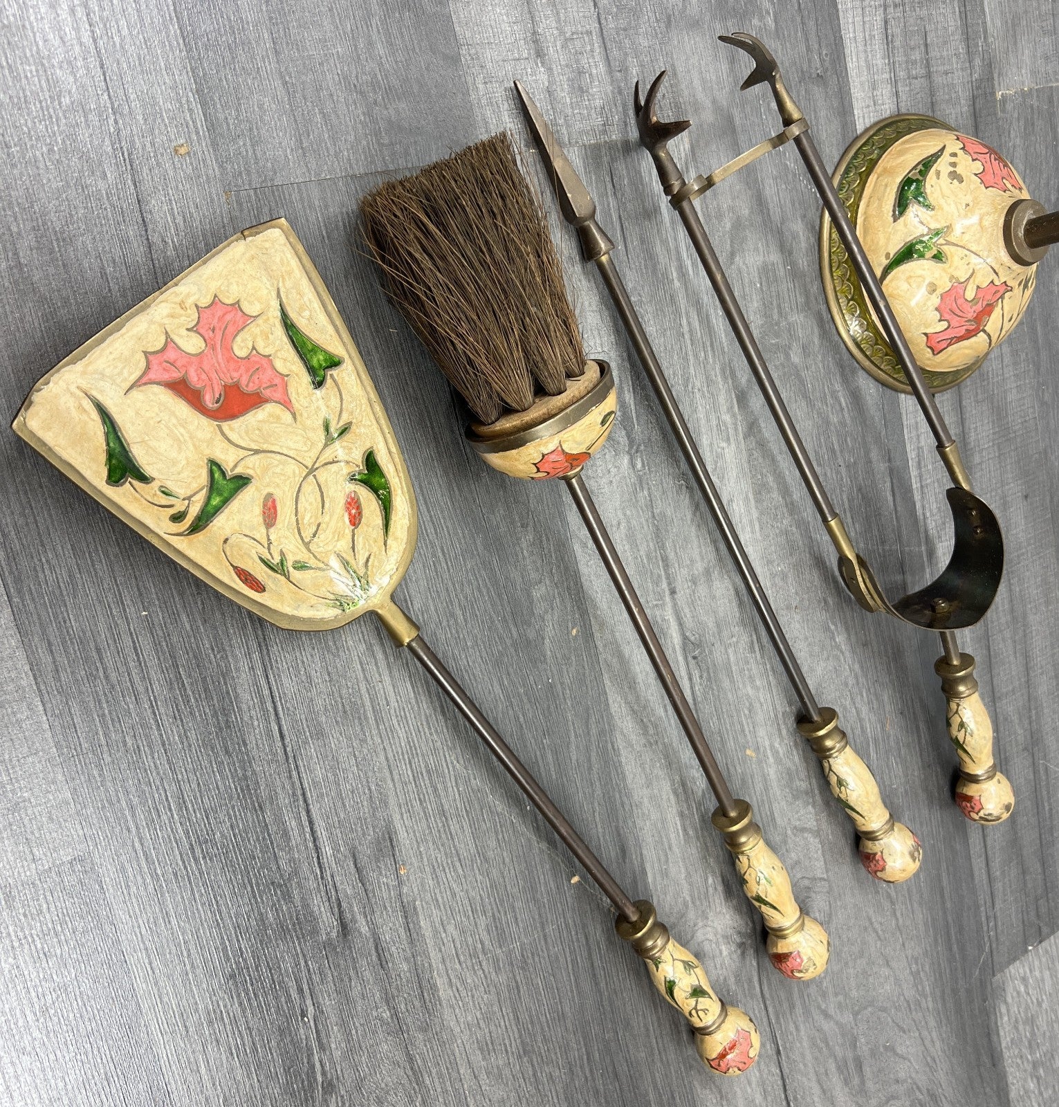 Fireplace Set Vintage French Hand Painted 5-Piece Brass Tool Stand LOT 441619