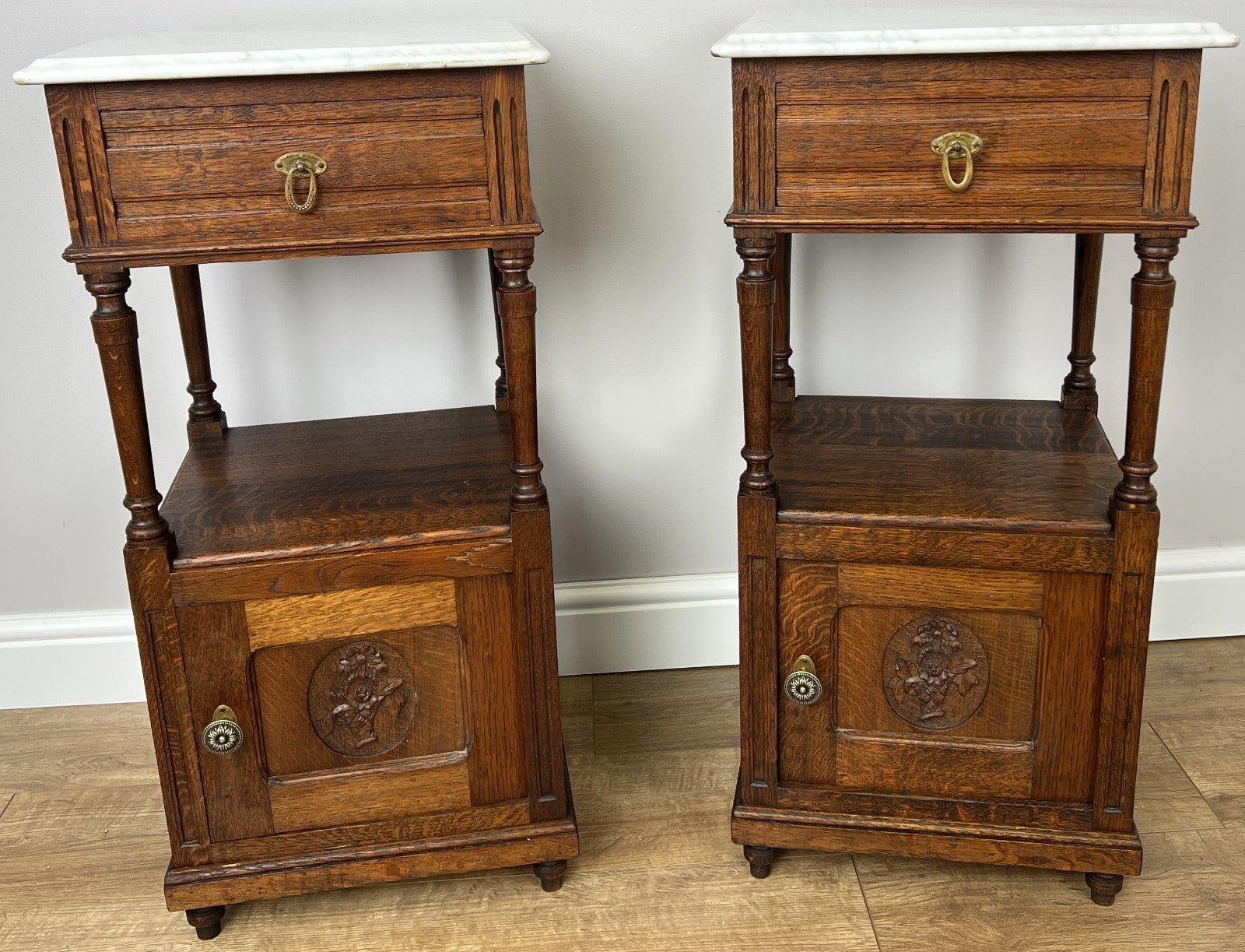 Pair of Bedside Tables Antique French Marble Top Carved Oak Cabinets LOT 49161