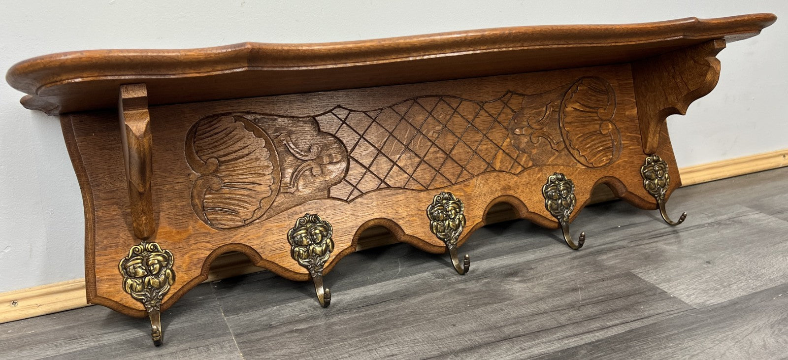 French Vintage Coat Rack Oak 5 Hooks Wall Shelf Carved Coat Hanger LOT 44360