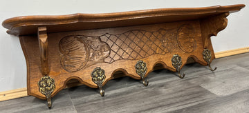French Vintage Coat Rack Oak 5 Hooks Wall Shelf Carved Coat Hanger LOT 44360