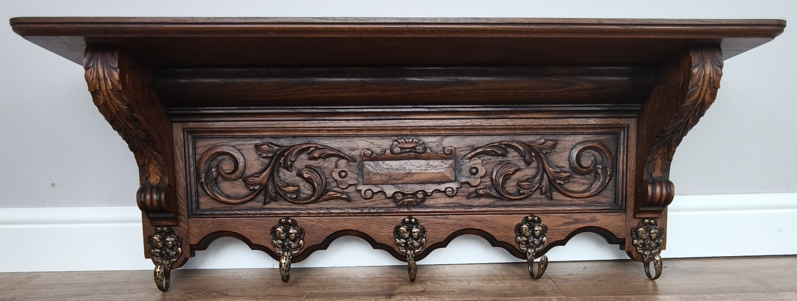 French Vintage Coat Rack Oak 5 Hooks Wall Shelf Carved Coat Hanger LOT 49982