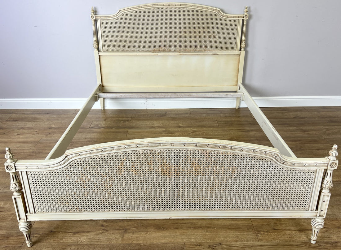 Bed Vintage French King Size Bed Frame Cane Panel Carved Headboard LOT 64100