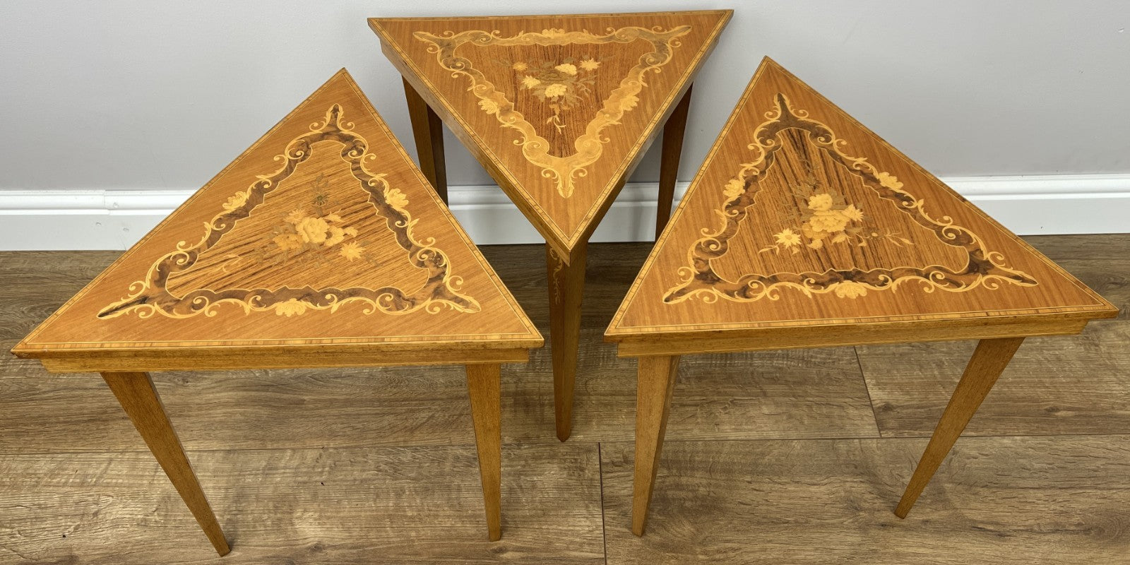 Vintage French Nested Triangle Inlaid Set 3 Pieces Carved Tables LOT 49061