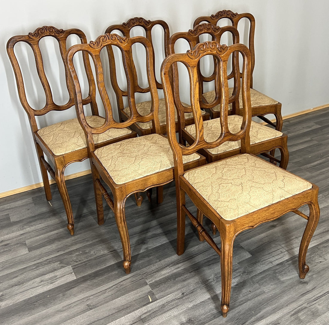 Chairs Vintage French Louis XVI Style Oak Upholstered Set of 6 Carved LOT 44010