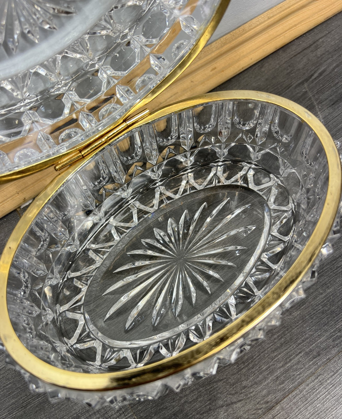 Vintage French Crystal Box Cut Glass with Brass Trim Oval Trinket Dish LOT 44120