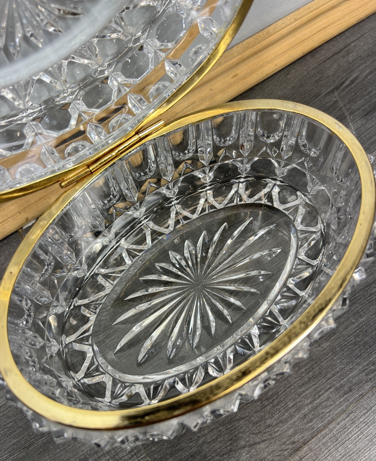 Vintage French Crystal Box Cut Glass with Brass Trim Oval Trinket Dish LOT 44121