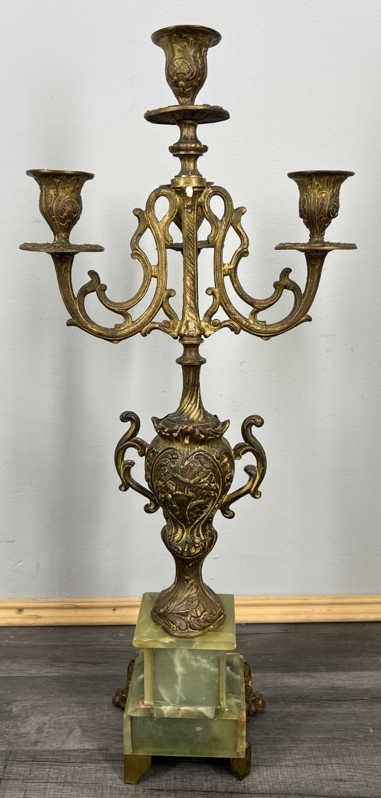 Clock Set Vintage French Onyx Brass Mantel Clock with 4-Arm Candelabras LOT 441316