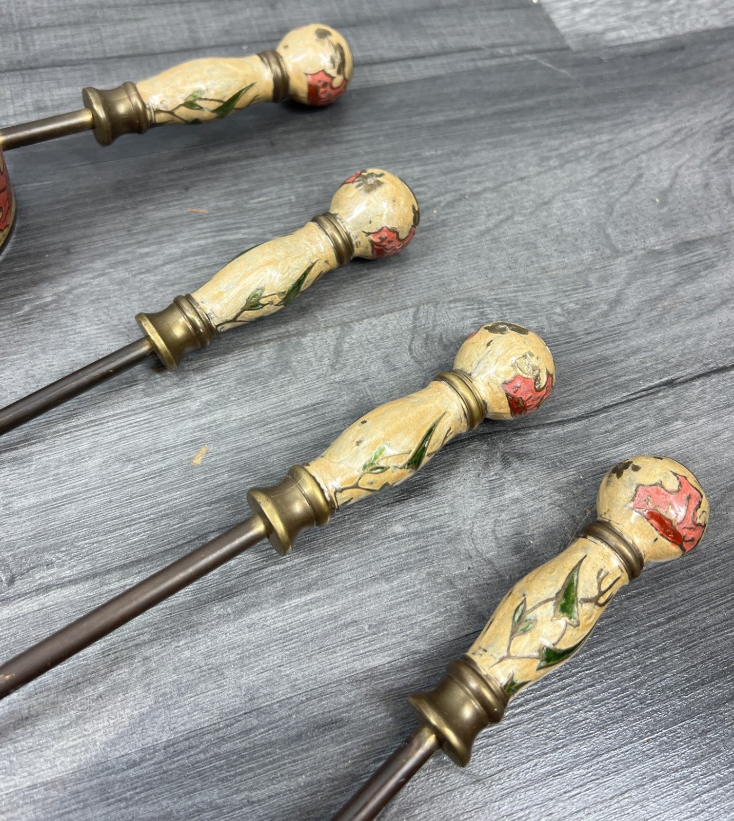 Fireplace Set Vintage French Hand Painted 5-Piece Brass Tool Stand LOT 441613