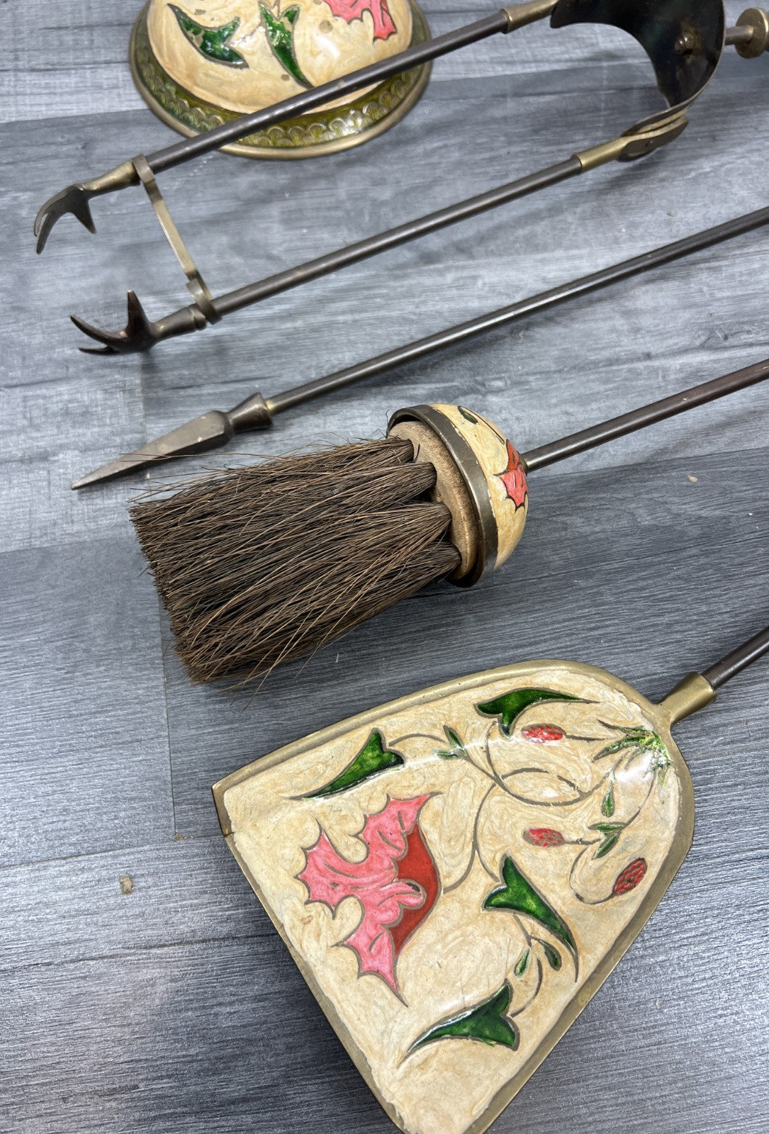 Fireplace Set Vintage French Hand Painted 5-Piece Brass Tool Stand LOT 441610