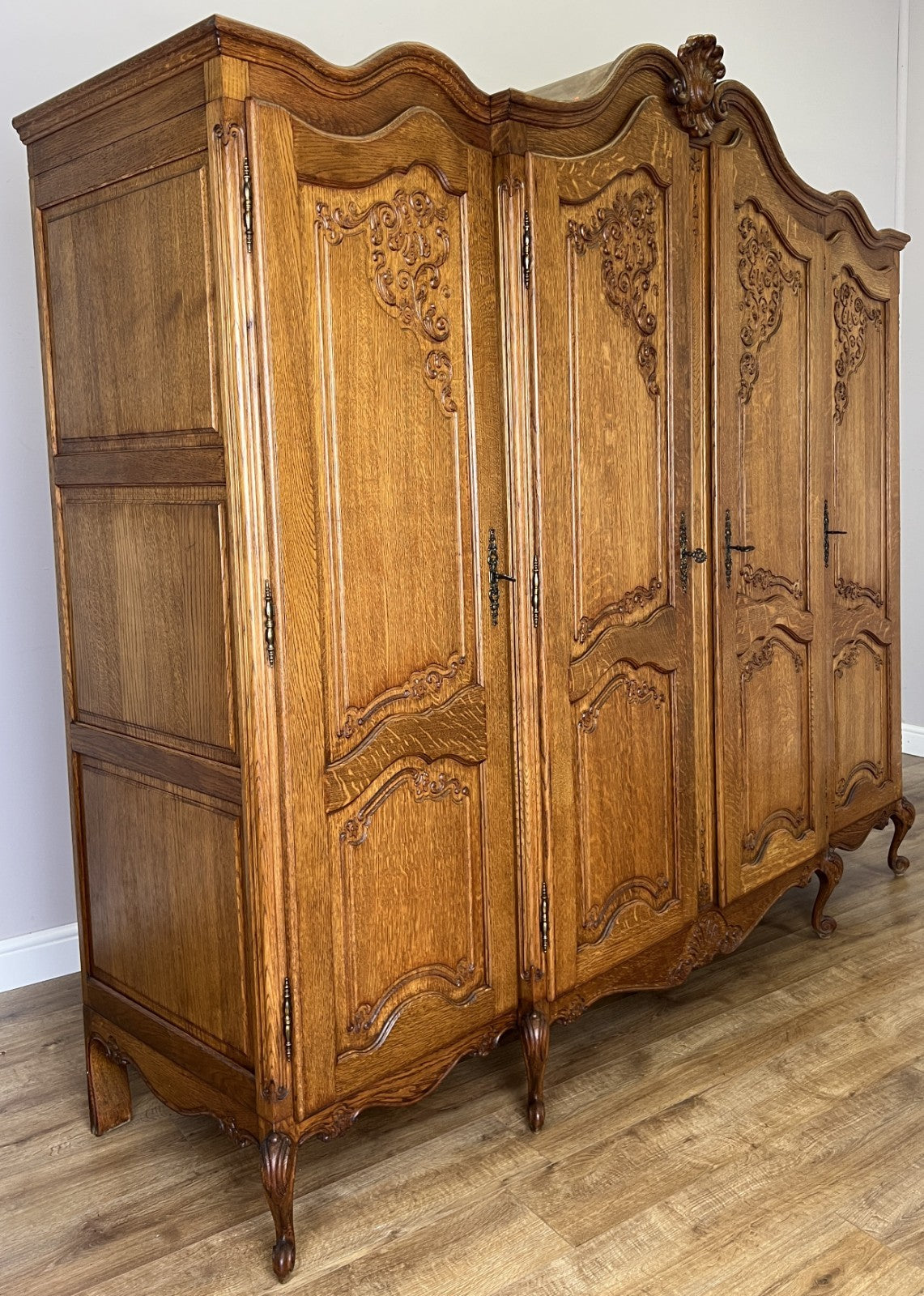 Wardrobe Vintage French Louis XVI Style Oak Four Door Carved Armoire LOT 6496