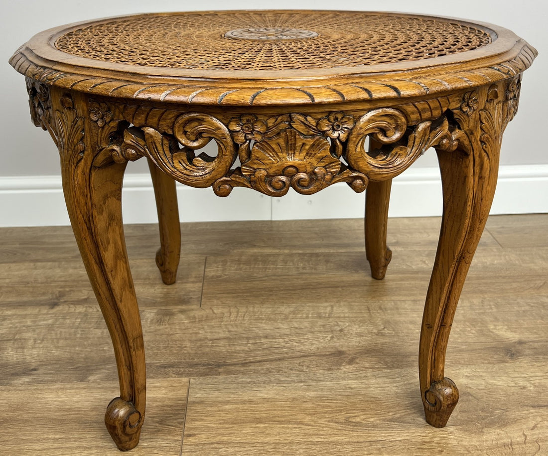 Coffee Table Vintage French Louis Style Oak Carved Cane Top Side Table LOT 48650
