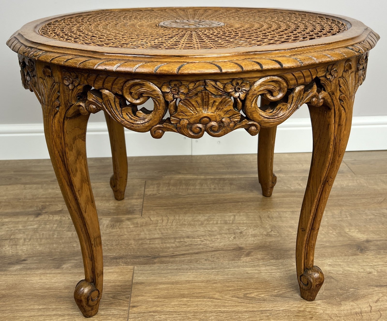 Coffee Table Vintage French Louis Style Oak Carved Cane Top Side Table LOT 48651
